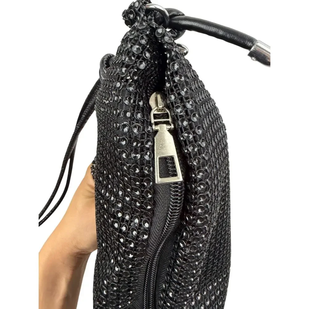 Vintage black mesh sequins disco bag with adjustable leather strap
